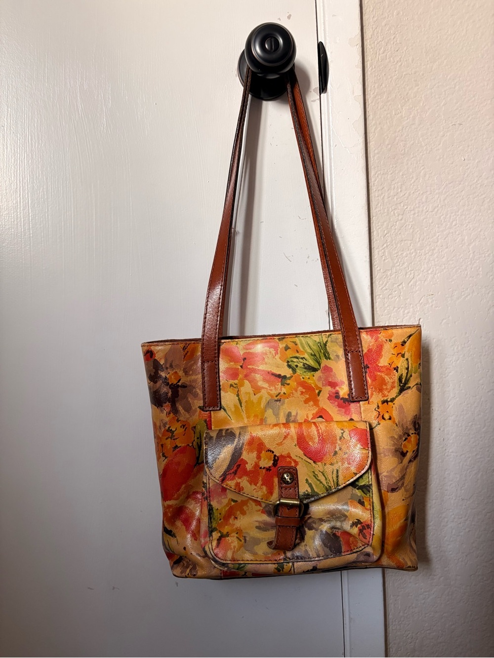 Patricia Nash Floral Canvas Tote in Yellow, Orange and Pink with Brown Straps